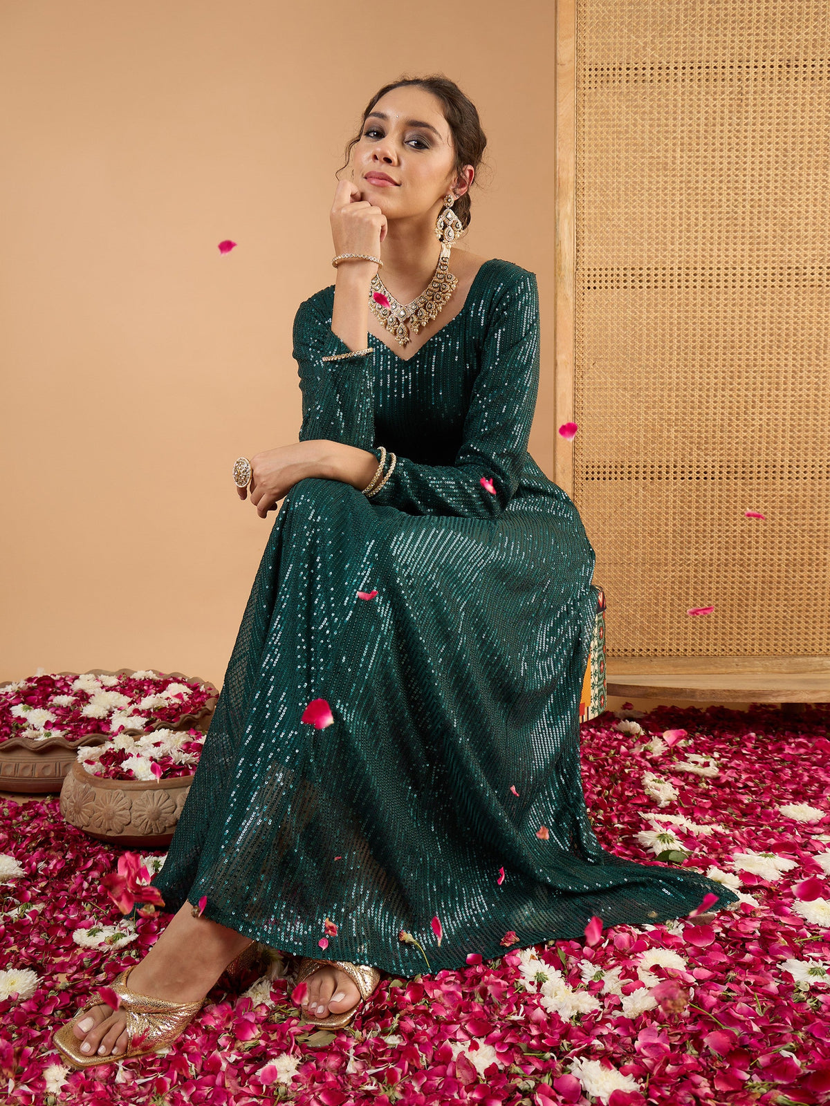 Teal Green Sequence Sweetheart Neck Anarkali Dress-Shae By SASSAFRAS