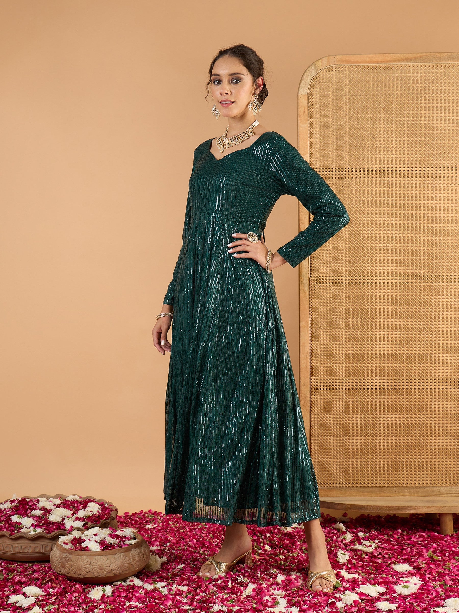 Teal Green Sequence Sweetheart Neck Anarkali Dress-Shae By SASSAFRAS