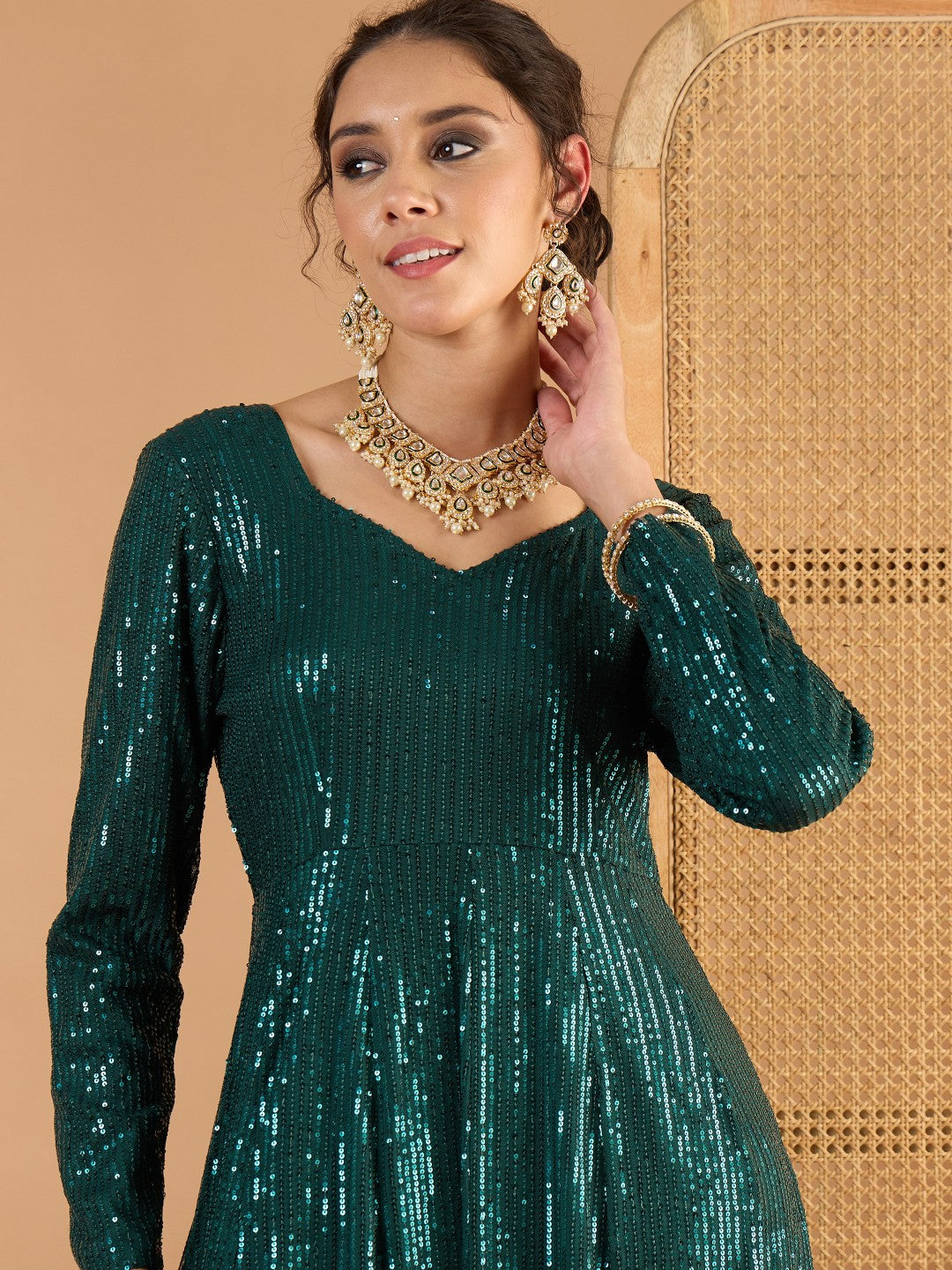 Teal Green Sequence Sweetheart Neck Anarkali Dress-Shae By SASSAFRAS