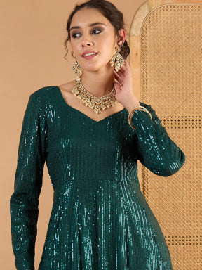 Teal Green Sequence Sweetheart Neck Anarkali Dress-Shae By SASSAFRAS