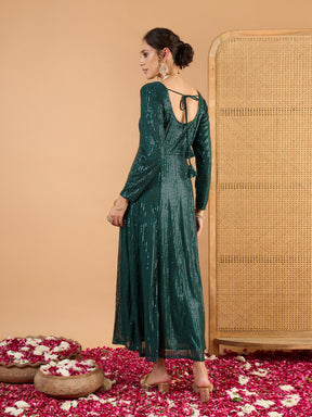 Teal Green Sequence Sweetheart Neck Anarkali Dress-Shae By SASSAFRAS