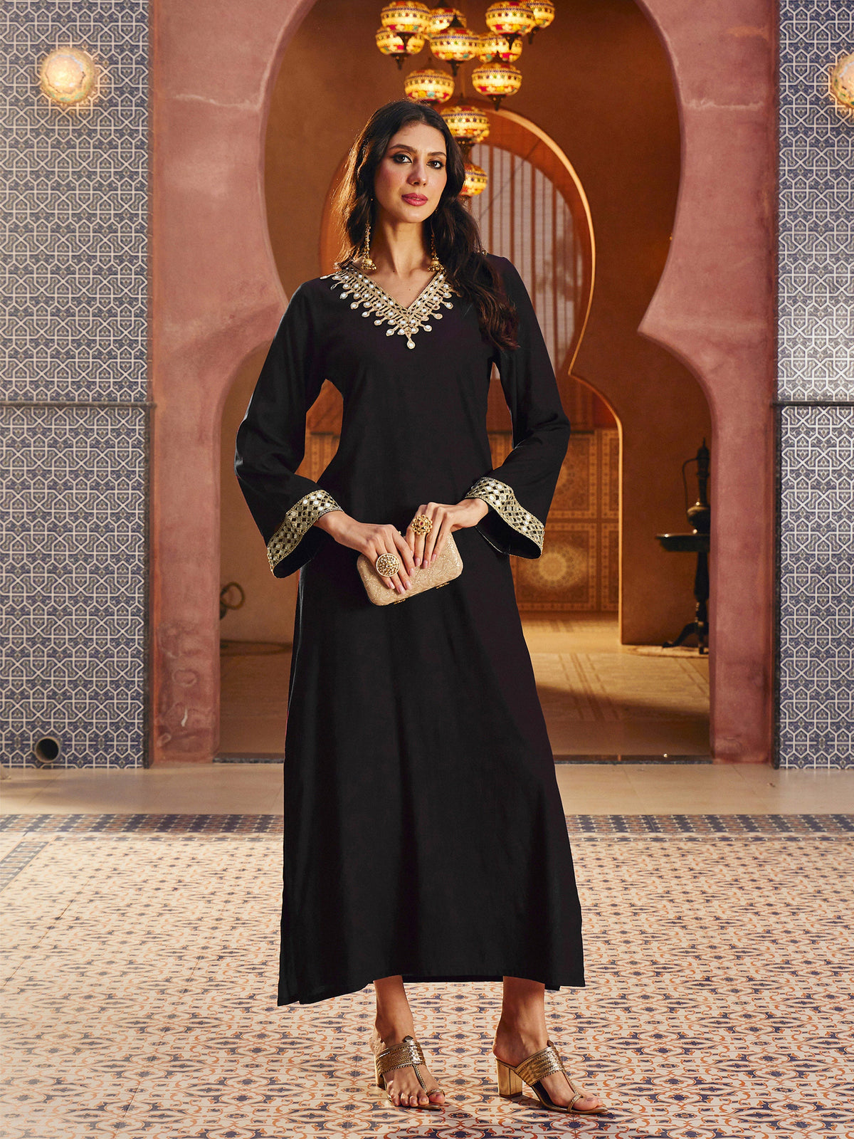 Black Rayon Lace V-Neck Abaya Dress-Shae By SASSAFRAS 
