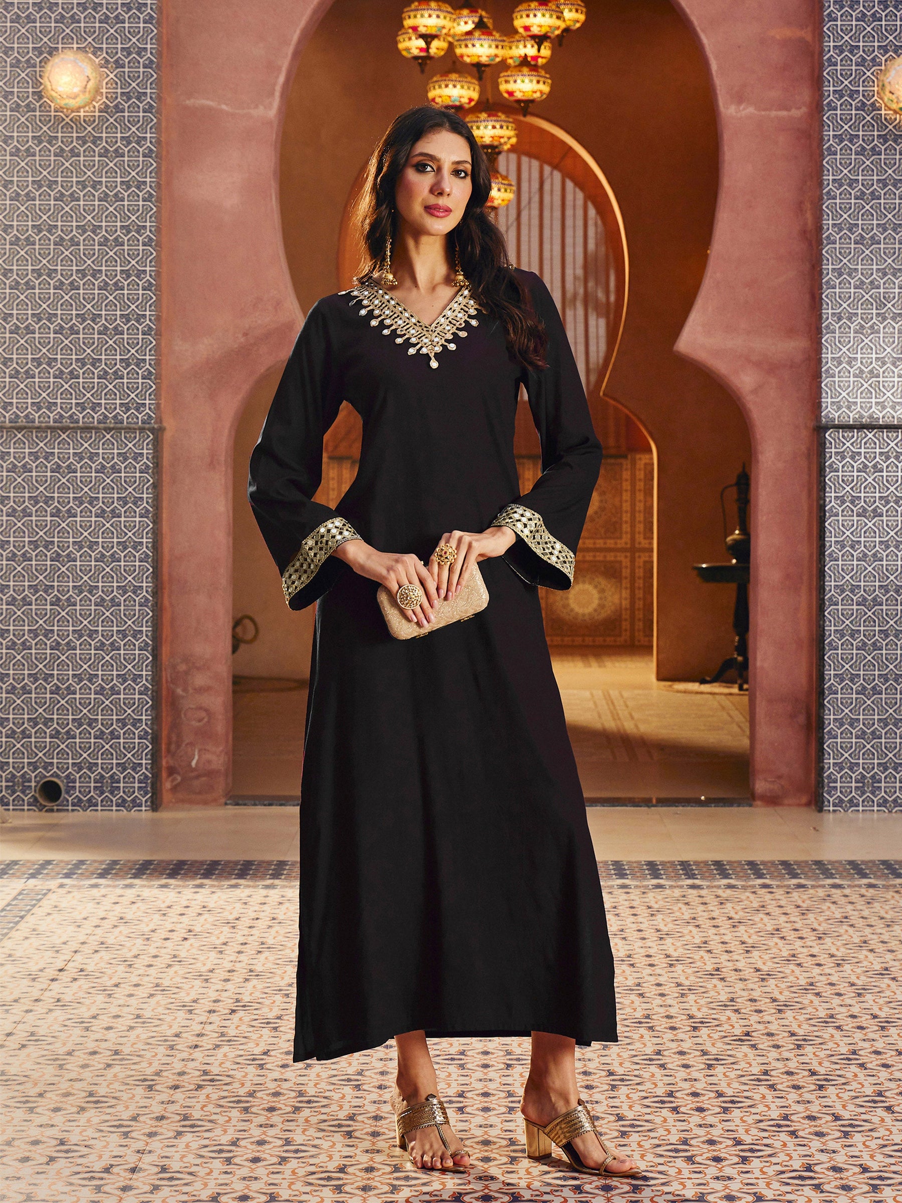 Black Rayon Lace V-Neck Abaya Dress-Shae By SASSAFRAS 