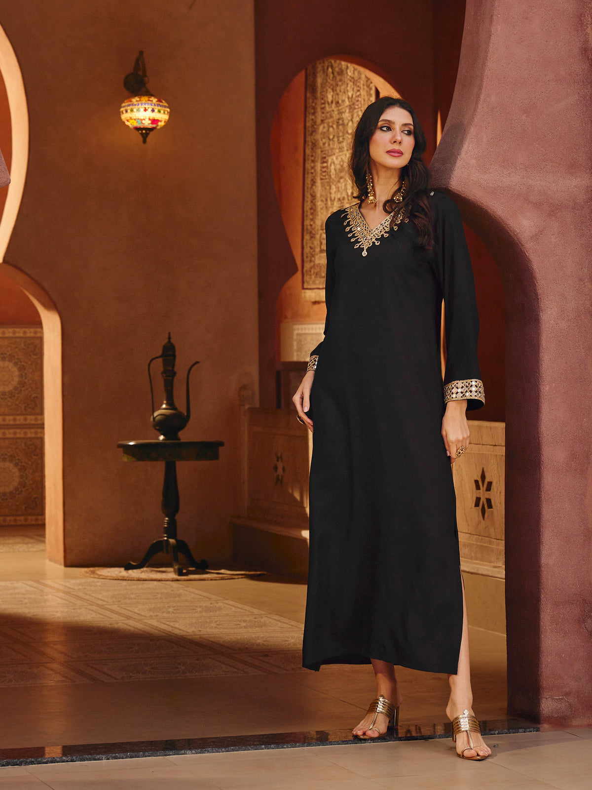 Black Rayon Lace V-Neck Abaya Dress-Shae By SASSAFRAS 