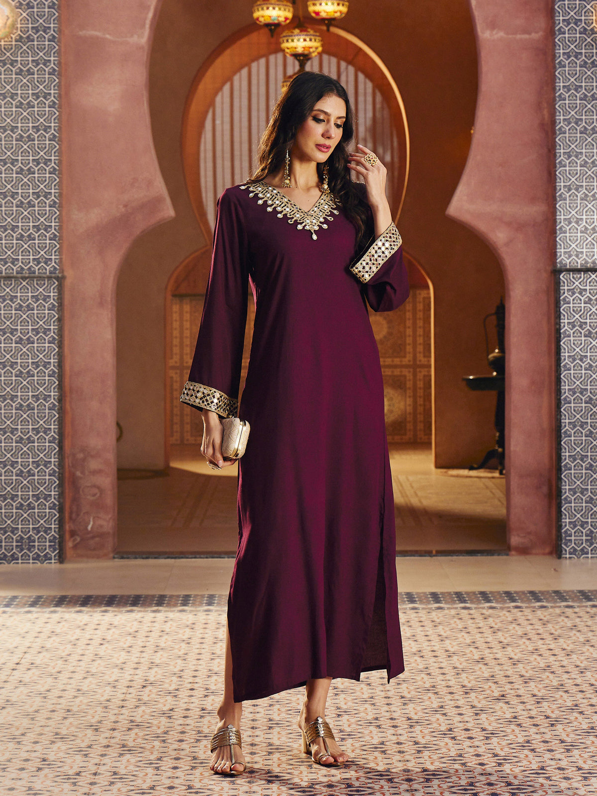 Burgundy Rayon Lace V-Neck Abaya Dress-Shae By SASSAFRAS 