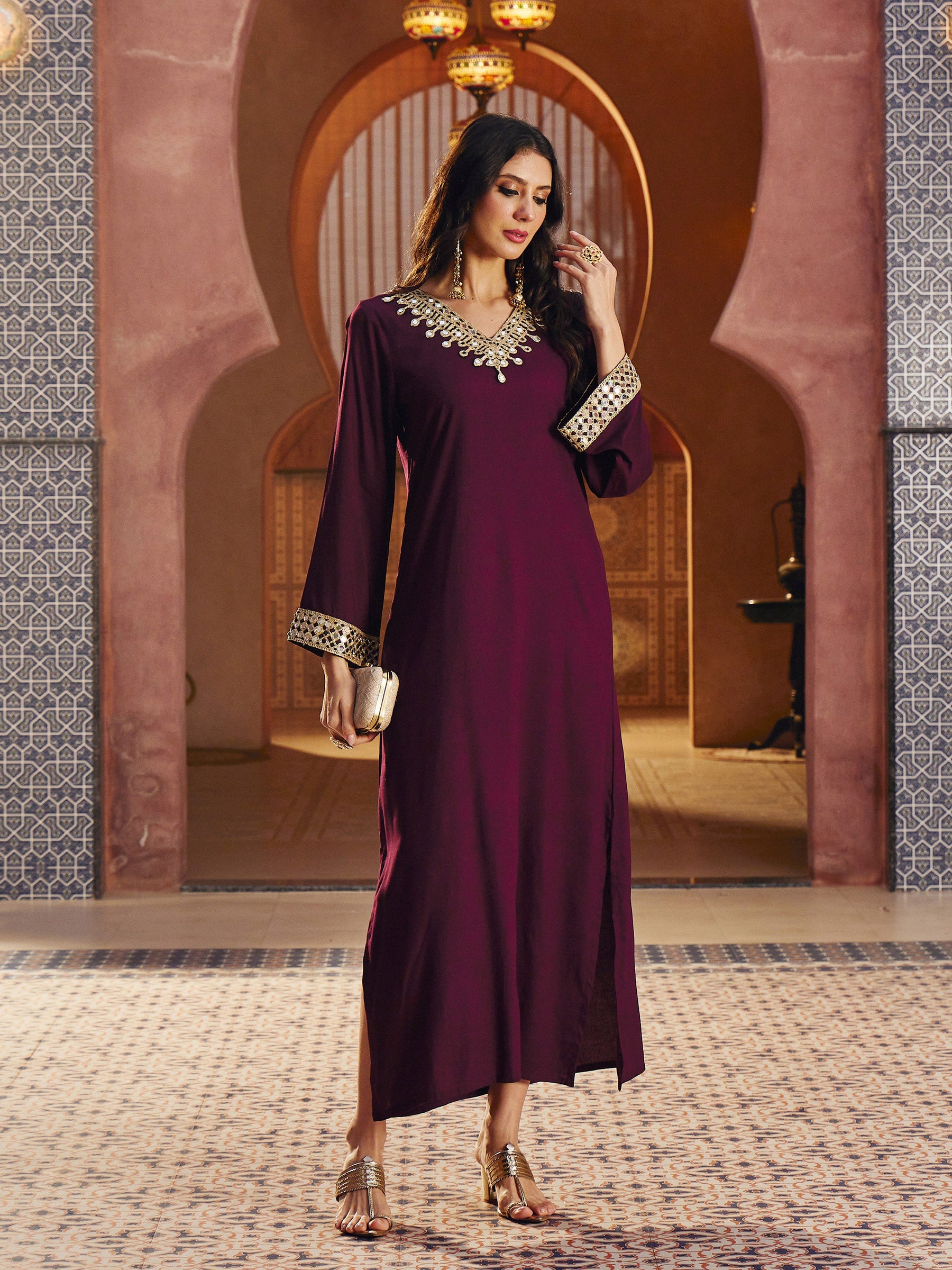 Burgundy Rayon Lace V-Neck Abaya Dress-Shae By SASSAFRAS 