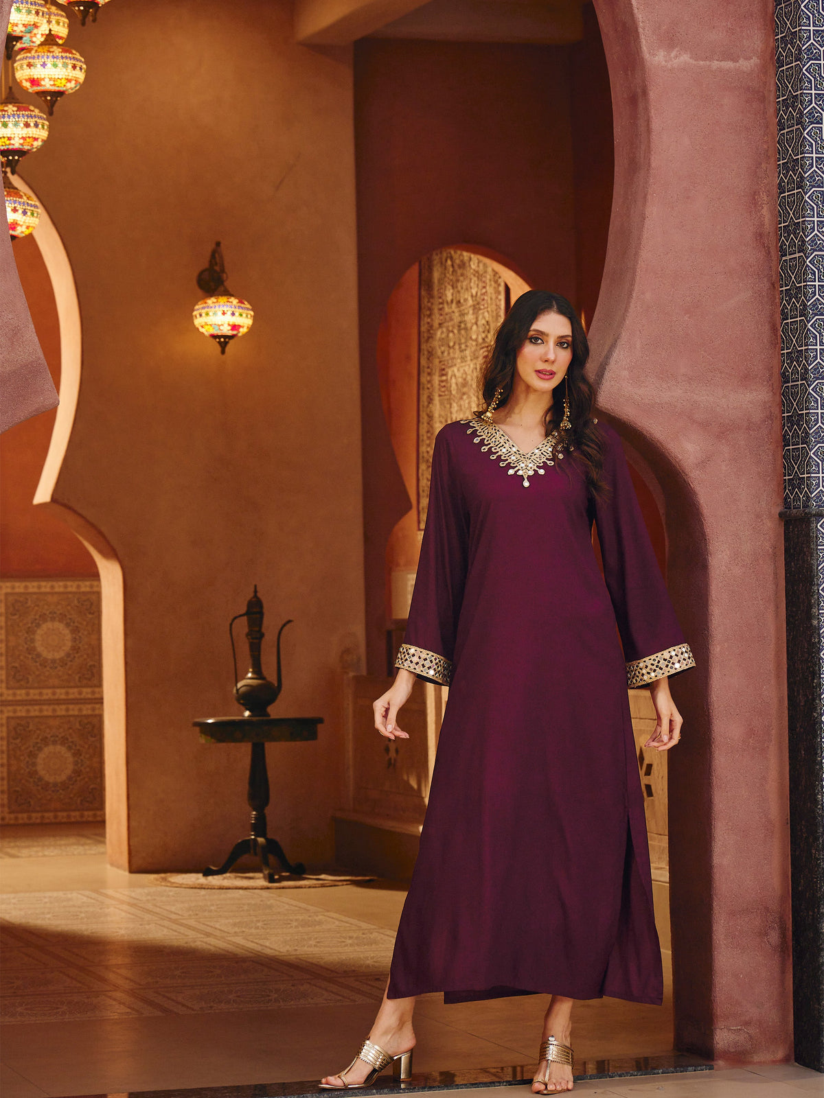 Burgundy Rayon Lace V-Neck Abaya Dress-Shae By SASSAFRAS 