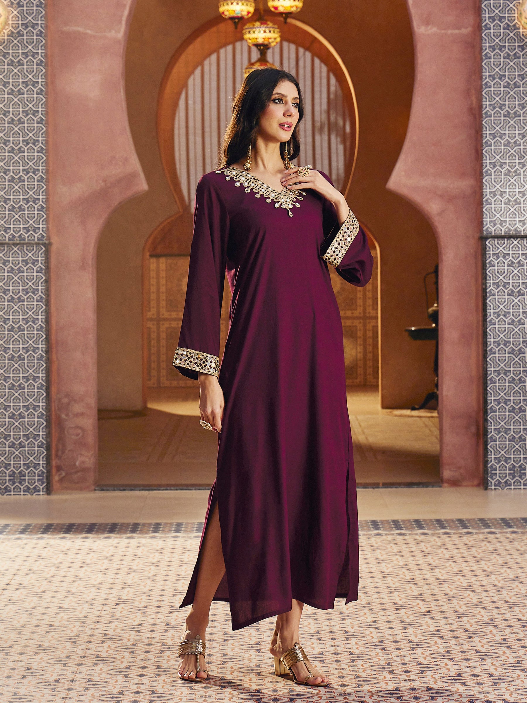 Burgundy Rayon Lace V-Neck Abaya Dress-Shae By SASSAFRAS 