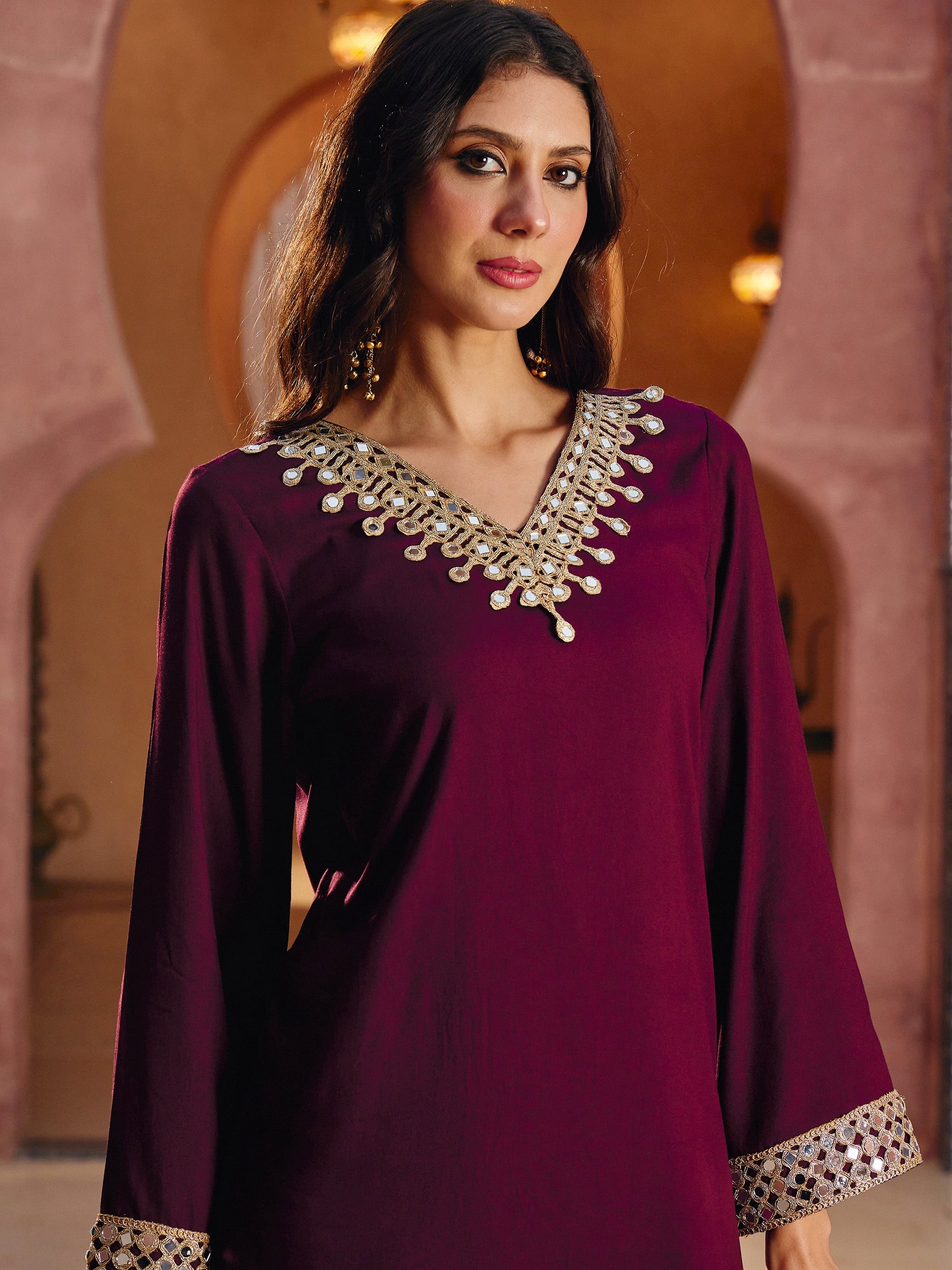 Burgundy Rayon Lace V-Neck Abaya Dress-Shae By SASSAFRAS 