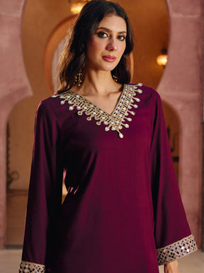 Burgundy Rayon Lace V-Neck Abaya Dress-Shae By SASSAFRAS 