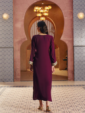 Burgundy Rayon Lace V-Neck Abaya Dress-Shae By SASSAFRAS 
