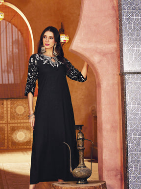 Black Embroidered Neck Rayon Abaya Dress-Shae By SASSAFRAS 