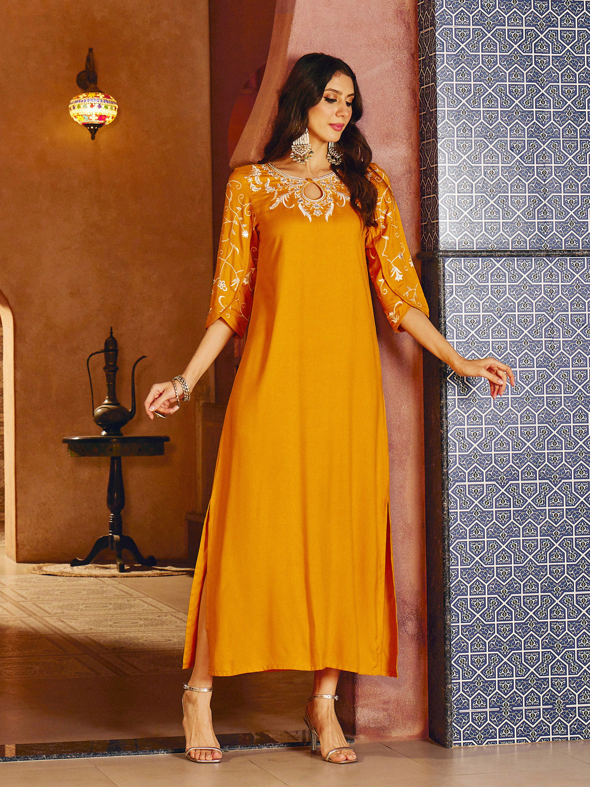 Mustard Embroidered Neck Rayon Abaya Dress-Shae By SASSAFRAS 