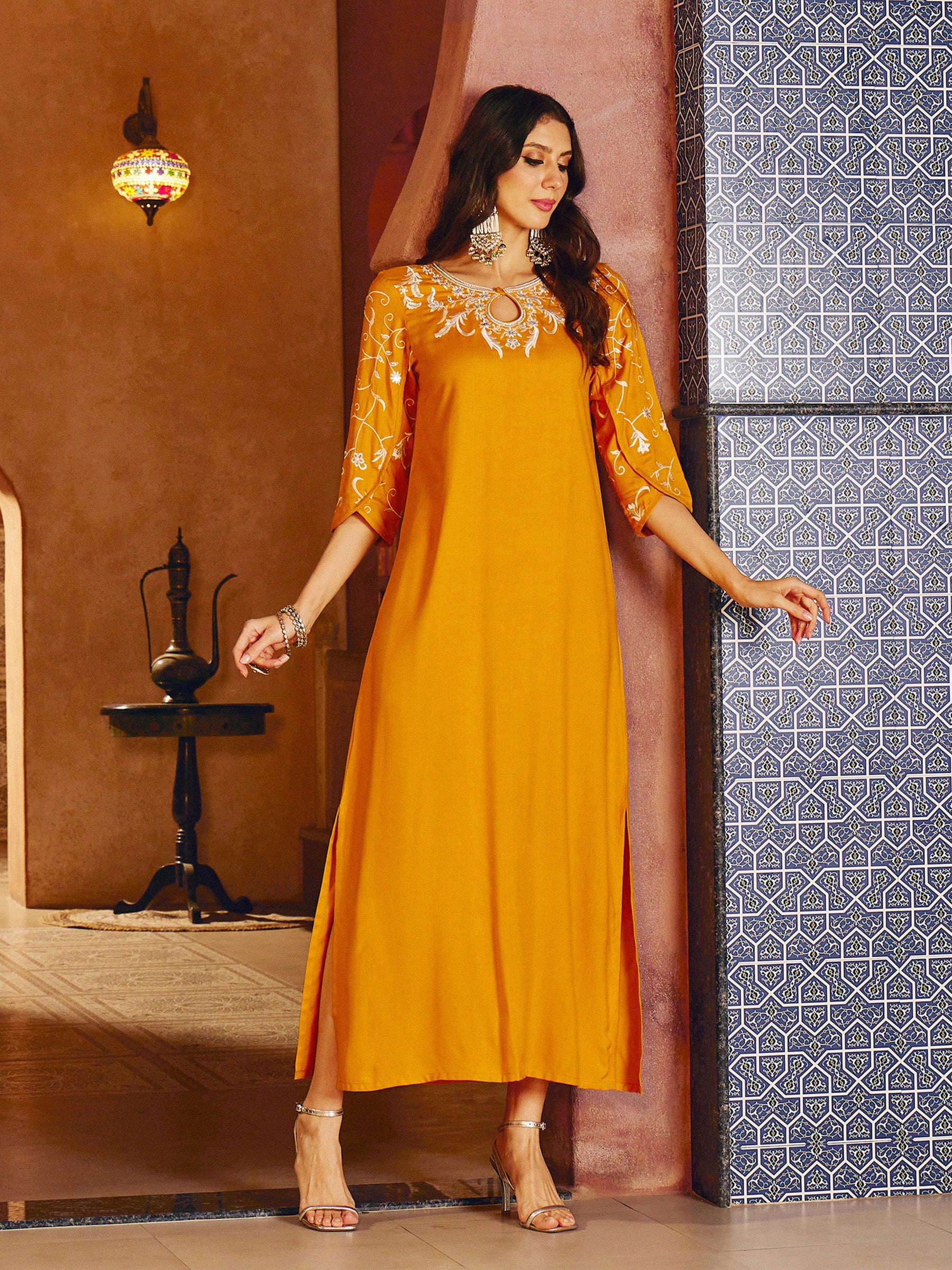 Mustard Embroidered Neck Rayon Abaya Dress-Shae By SASSAFRAS 