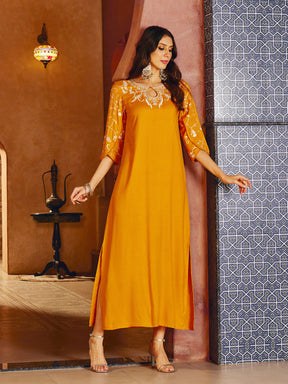 Mustard Embroidered Neck Rayon Abaya Dress-Shae By SASSAFRAS 