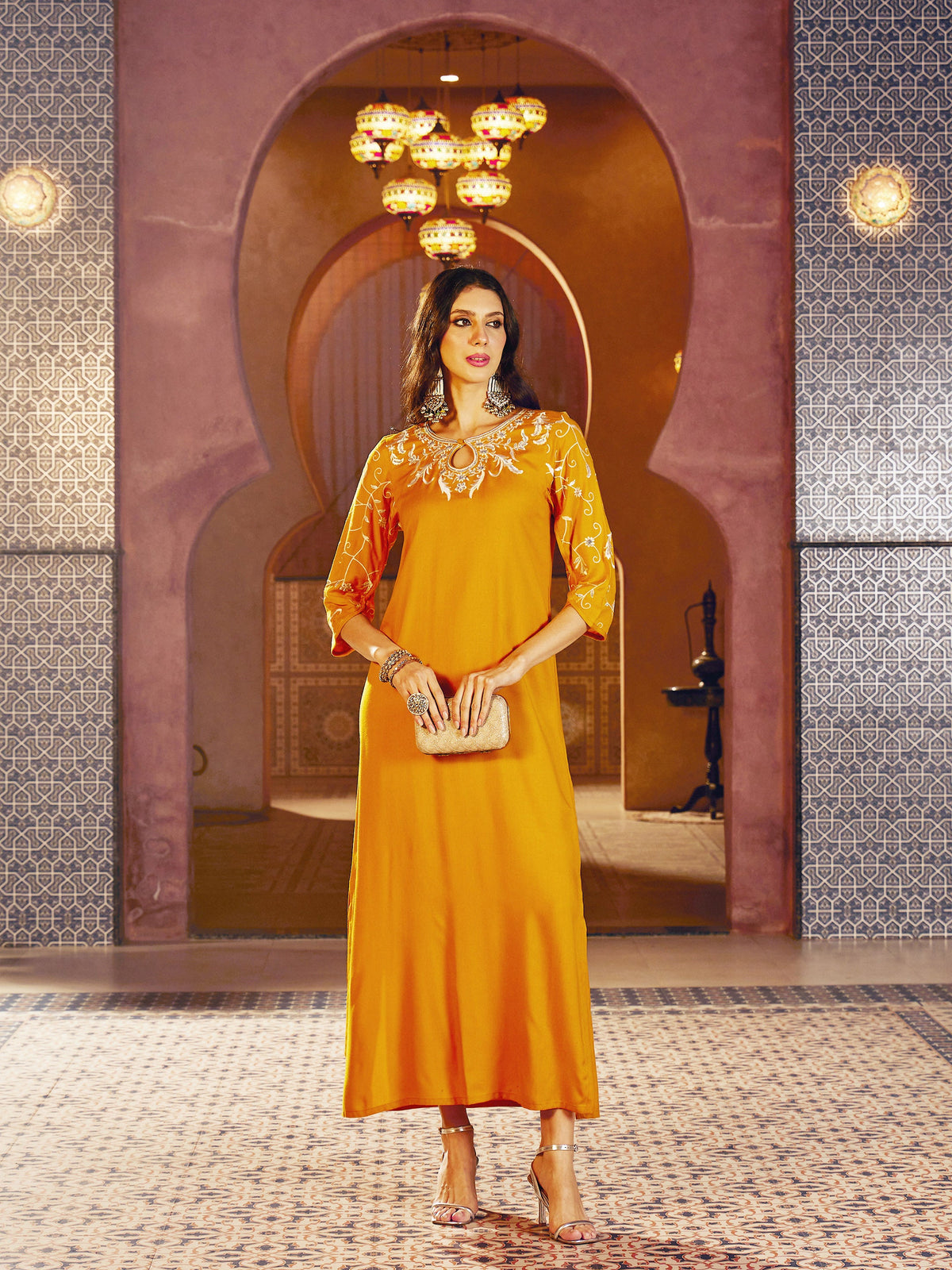 Mustard Embroidered Neck Rayon Abaya Dress-Shae By SASSAFRAS 