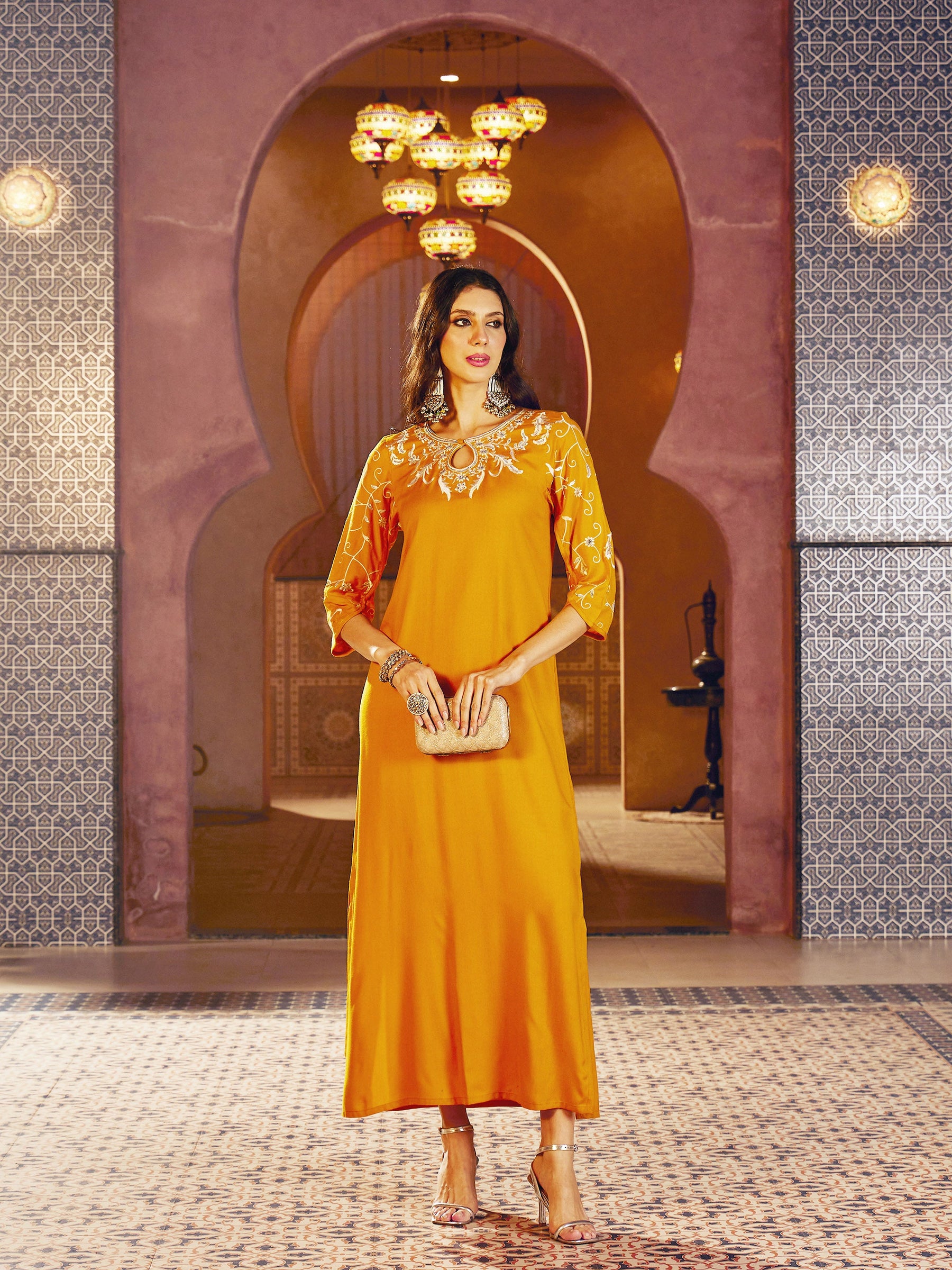 Mustard Embroidered Neck Rayon Abaya Dress-Shae By SASSAFRAS 