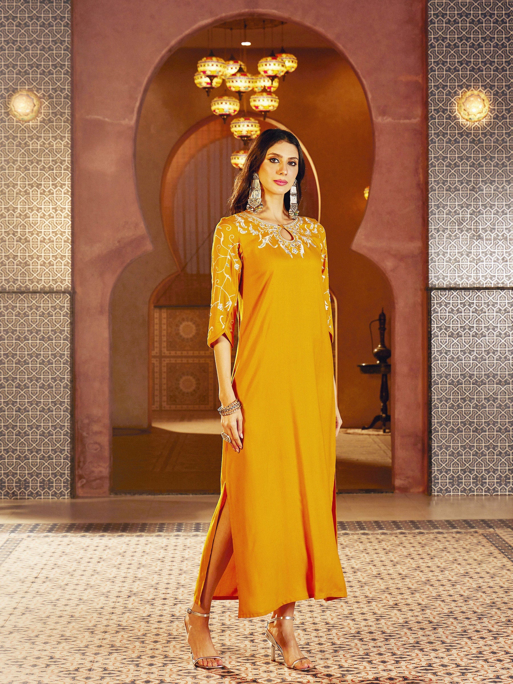 Mustard Embroidered Neck Rayon Abaya Dress-Shae By SASSAFRAS 