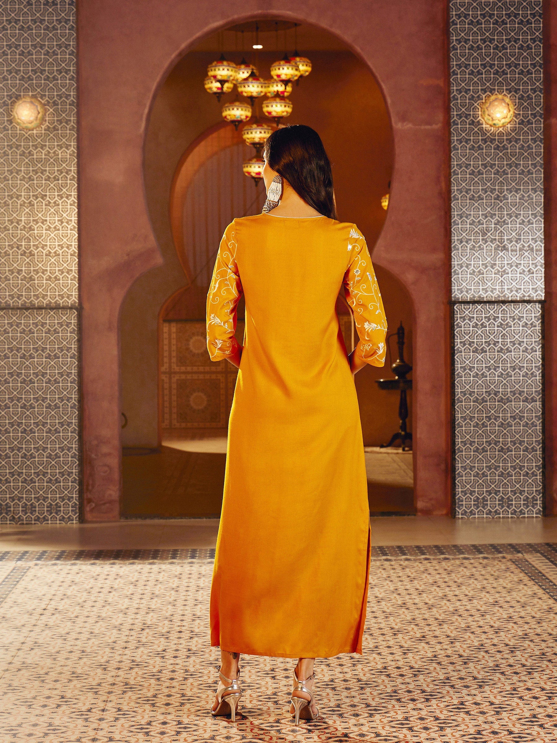 Mustard Embroidered Neck Rayon Abaya Dress-Shae By SASSAFRAS 