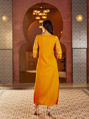Mustard Embroidered Neck Rayon Abaya Dress-Shae By SASSAFRAS 