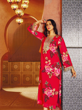 Red Floral Embroidered Neck Abaya Dress-Shae By SASSAFRAS 