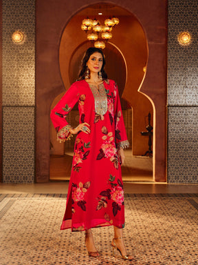 Red Floral Embroidered Neck Abaya Dress-Shae By SASSAFRAS 