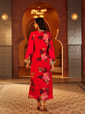 Red Floral Embroidered Neck Abaya Dress-Shae By SASSAFRAS 