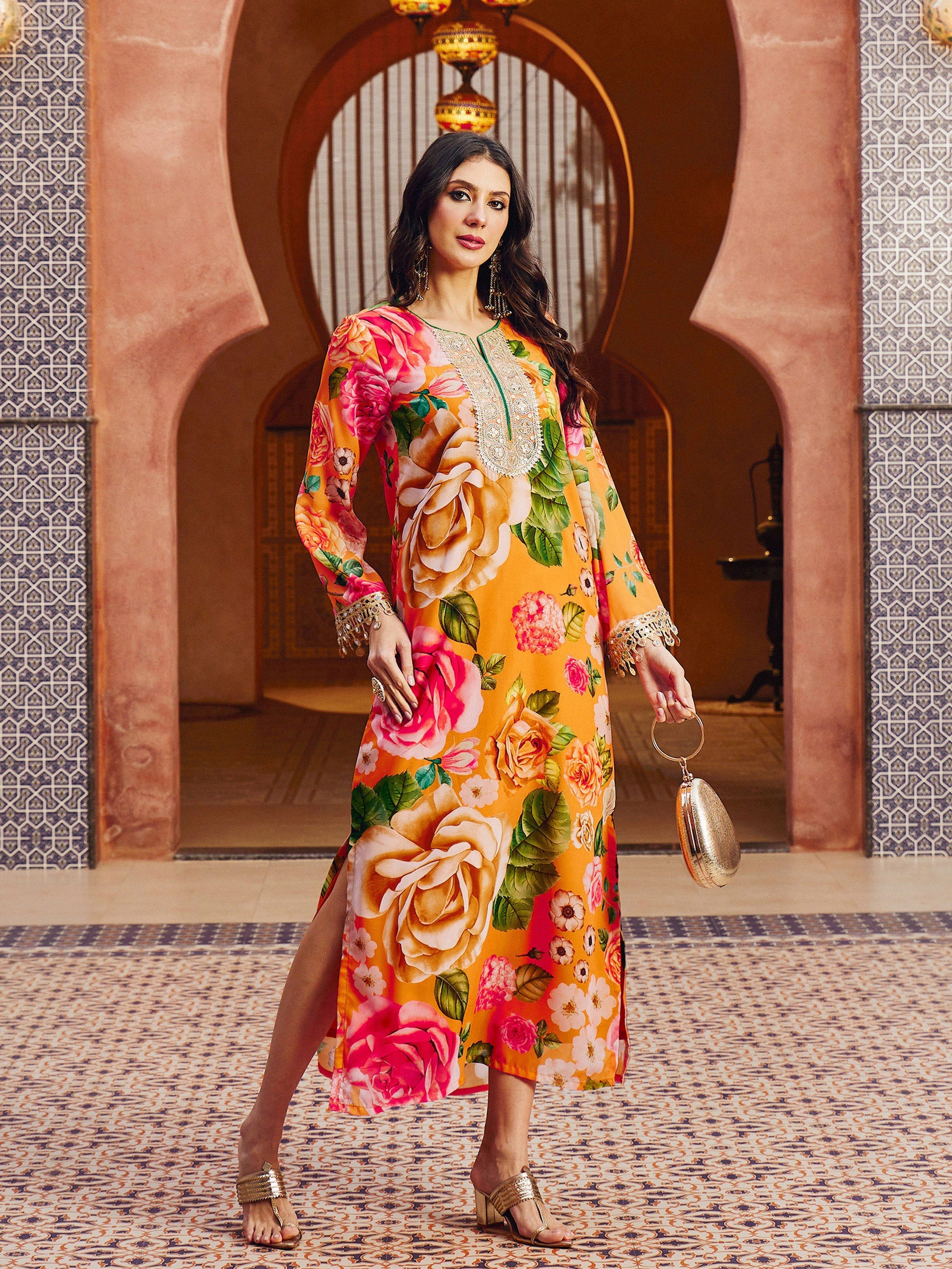 Orange Floral Embroidered Neck Abaya Dress-Shae By SASSAFRAS 