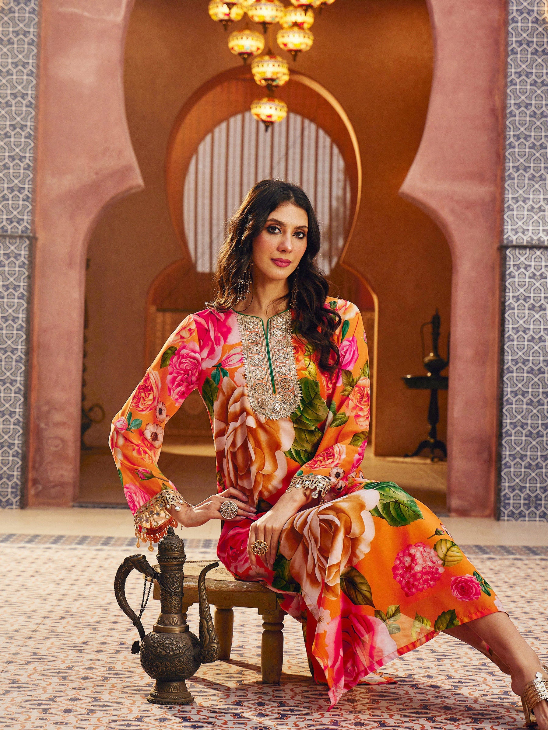 Orange Floral Embroidered Neck Abaya Dress-Shae By SASSAFRAS 