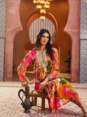 Orange Floral Embroidered Neck Abaya Dress-Shae By SASSAFRAS 