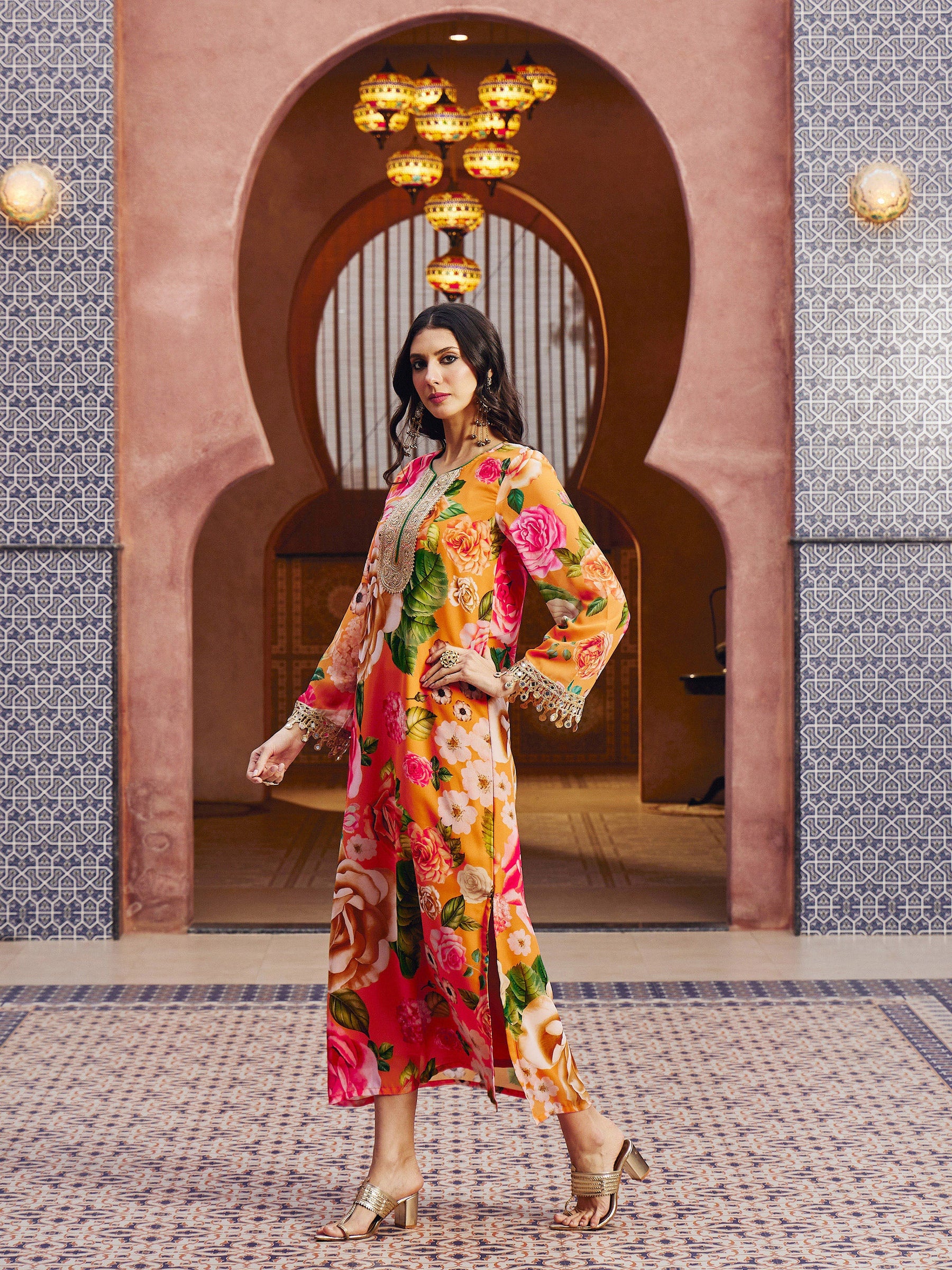 Orange Floral Embroidered Neck Abaya Dress-Shae By SASSAFRAS 