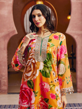 Orange Floral Embroidered Neck Abaya Dress-Shae By SASSAFRAS 