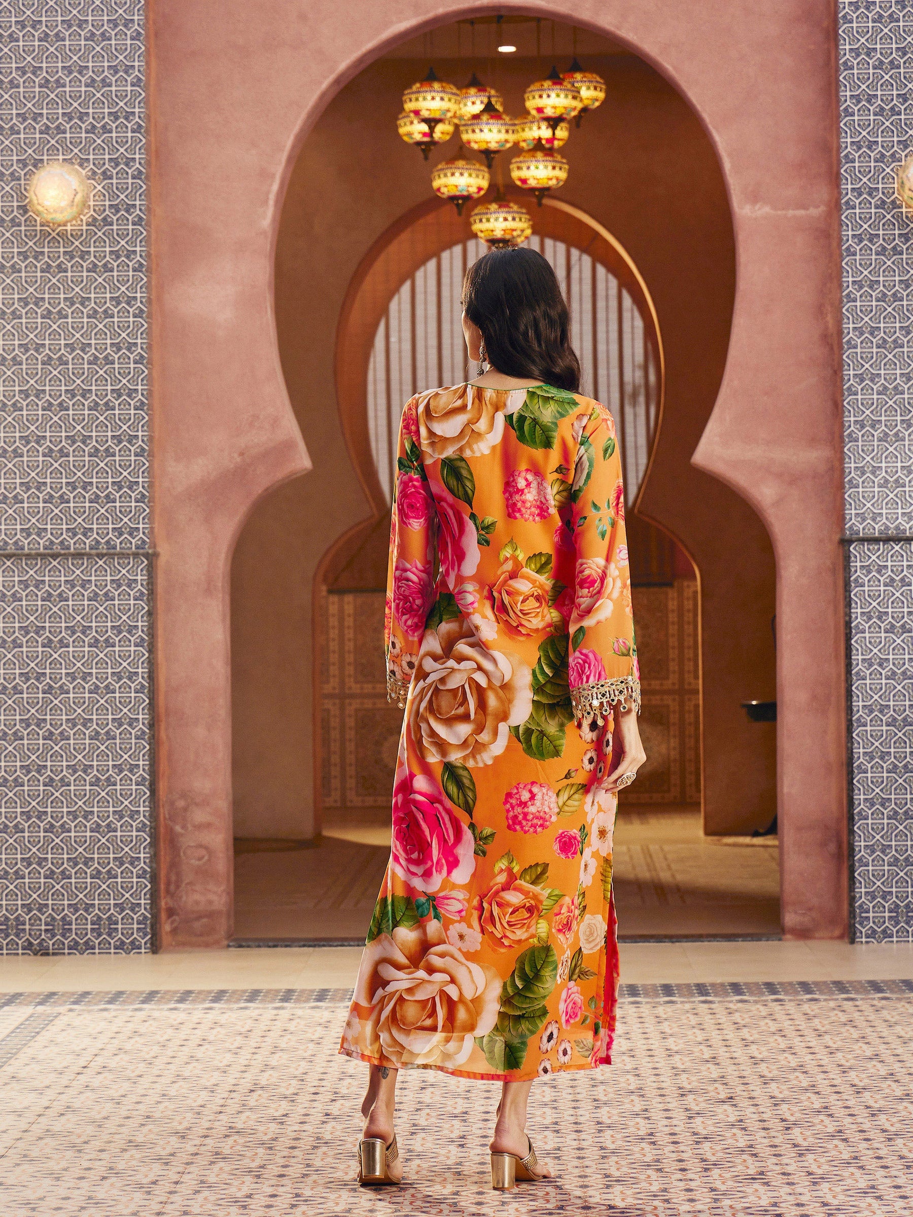 Orange Floral Embroidered Neck Abaya Dress-Shae By SASSAFRAS 