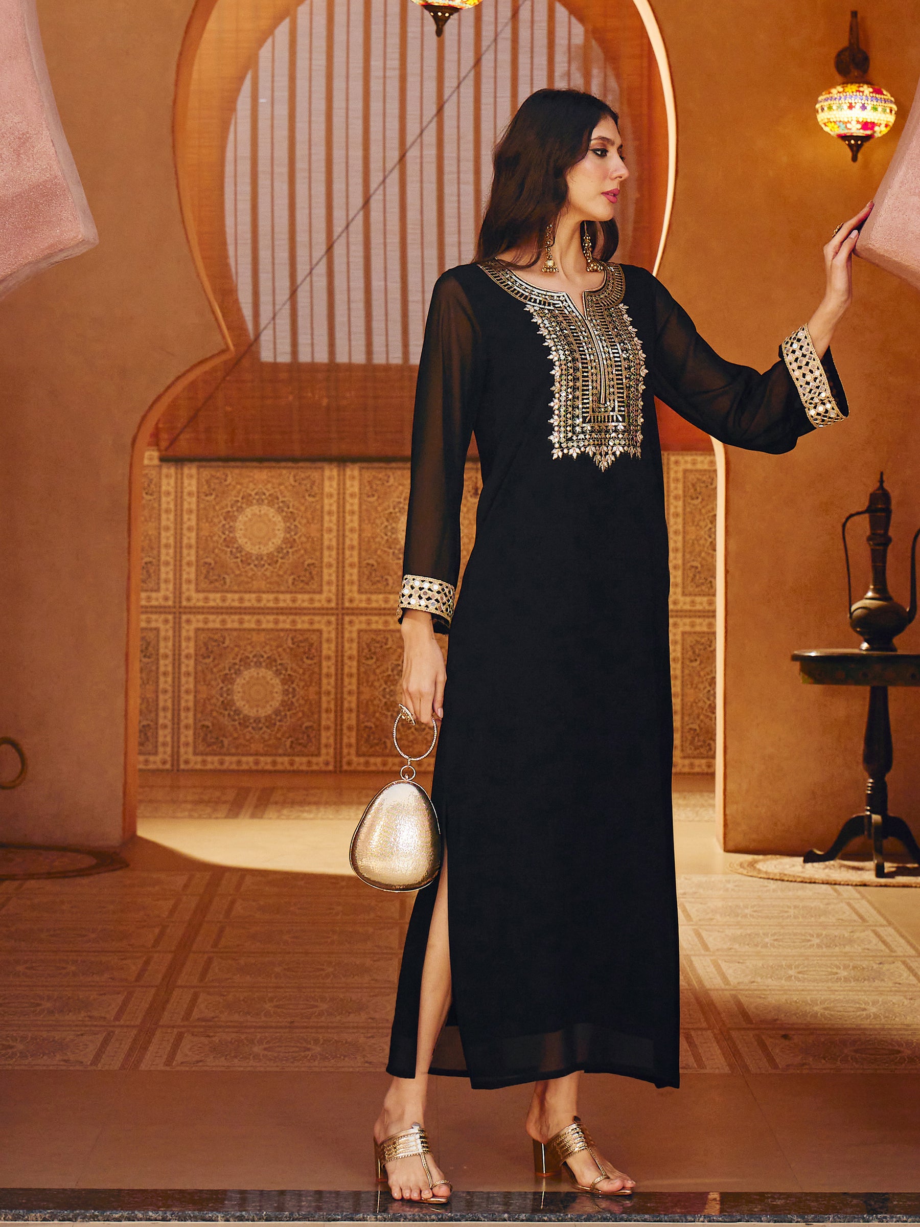 Women Black Embroidered Neck Abaya Dress