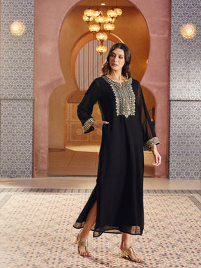 Women Black Embroidered Neck Abaya Dress