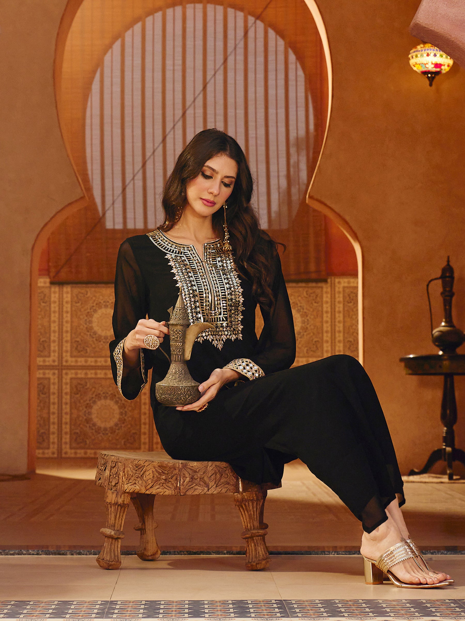 Women Black Embroidered Neck Abaya Dress