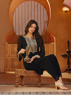 Women Black Embroidered Neck Abaya Dress