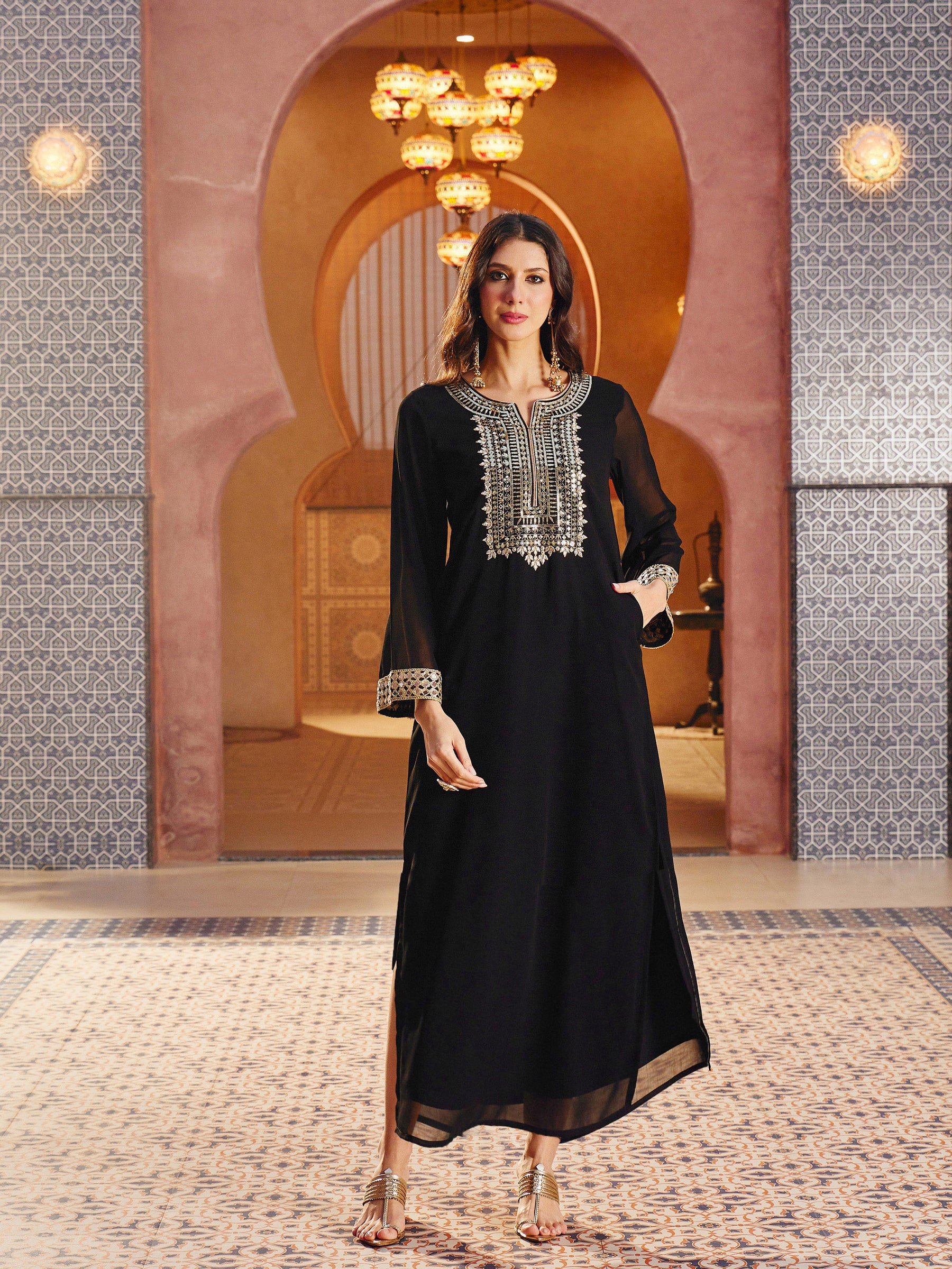 Women Black Embroidered Neck Abaya Dress