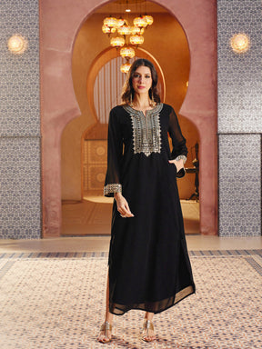 Women Black Embroidered Neck Abaya Dress