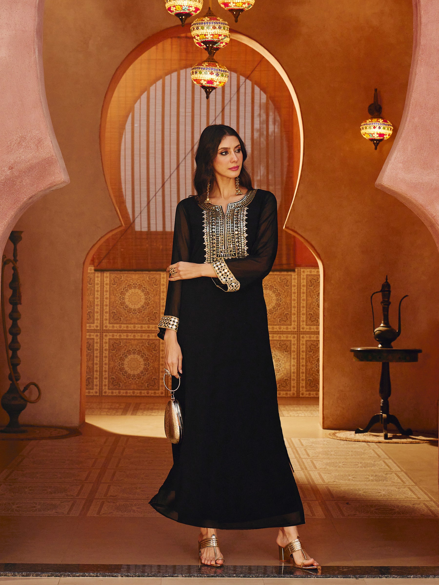 Women Black Embroidered Neck Abaya Dress