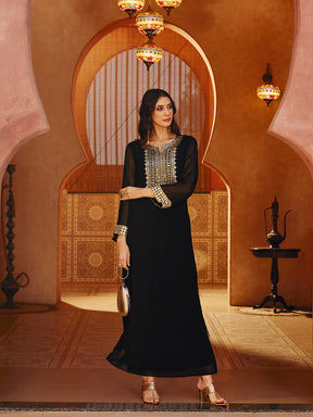 Women Black Embroidered Neck Abaya Dress