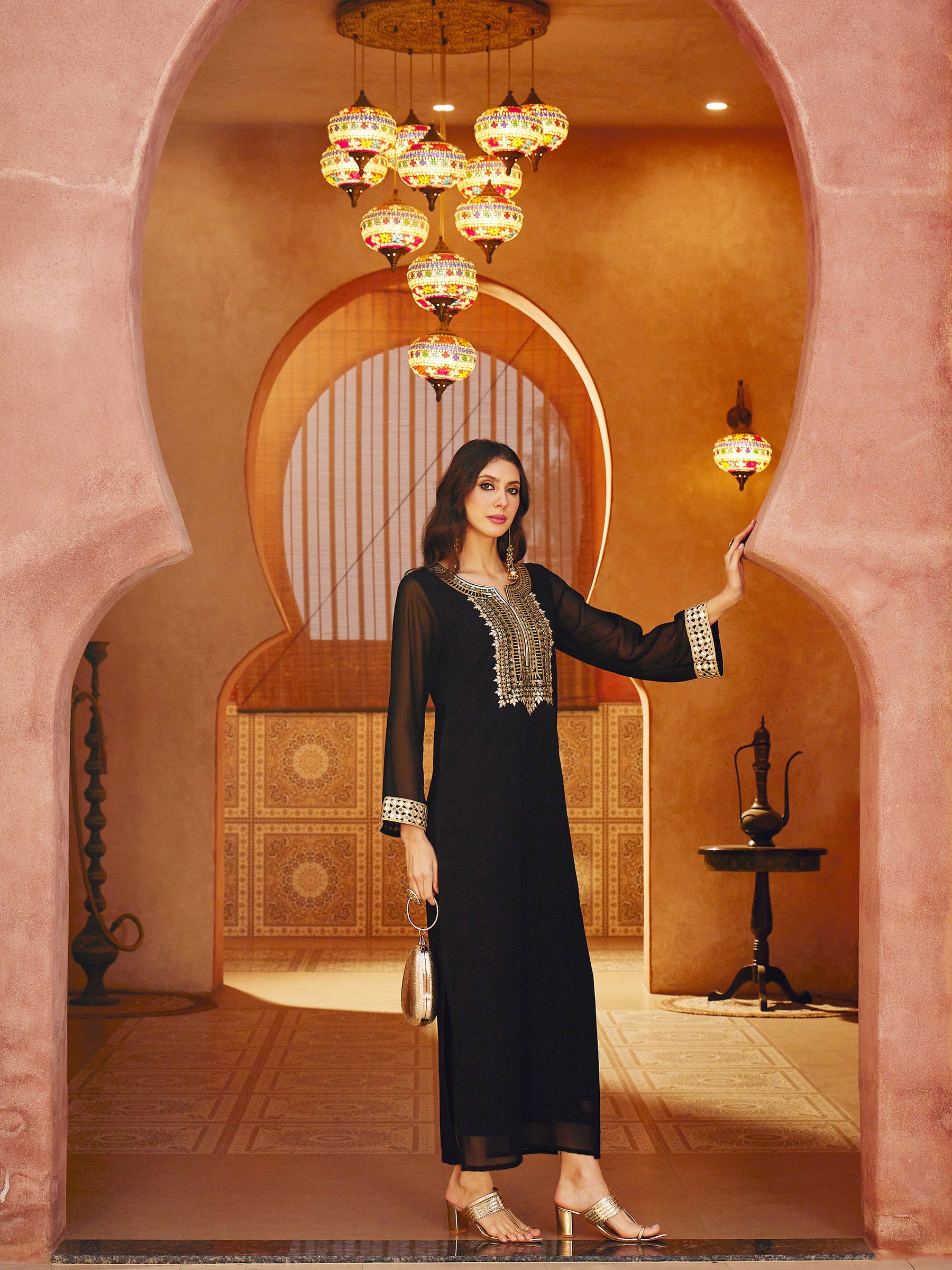 Women Black Embroidered Neck Abaya Dress
