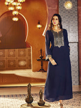 Women Navy Embroidered Neck Abaya Dress