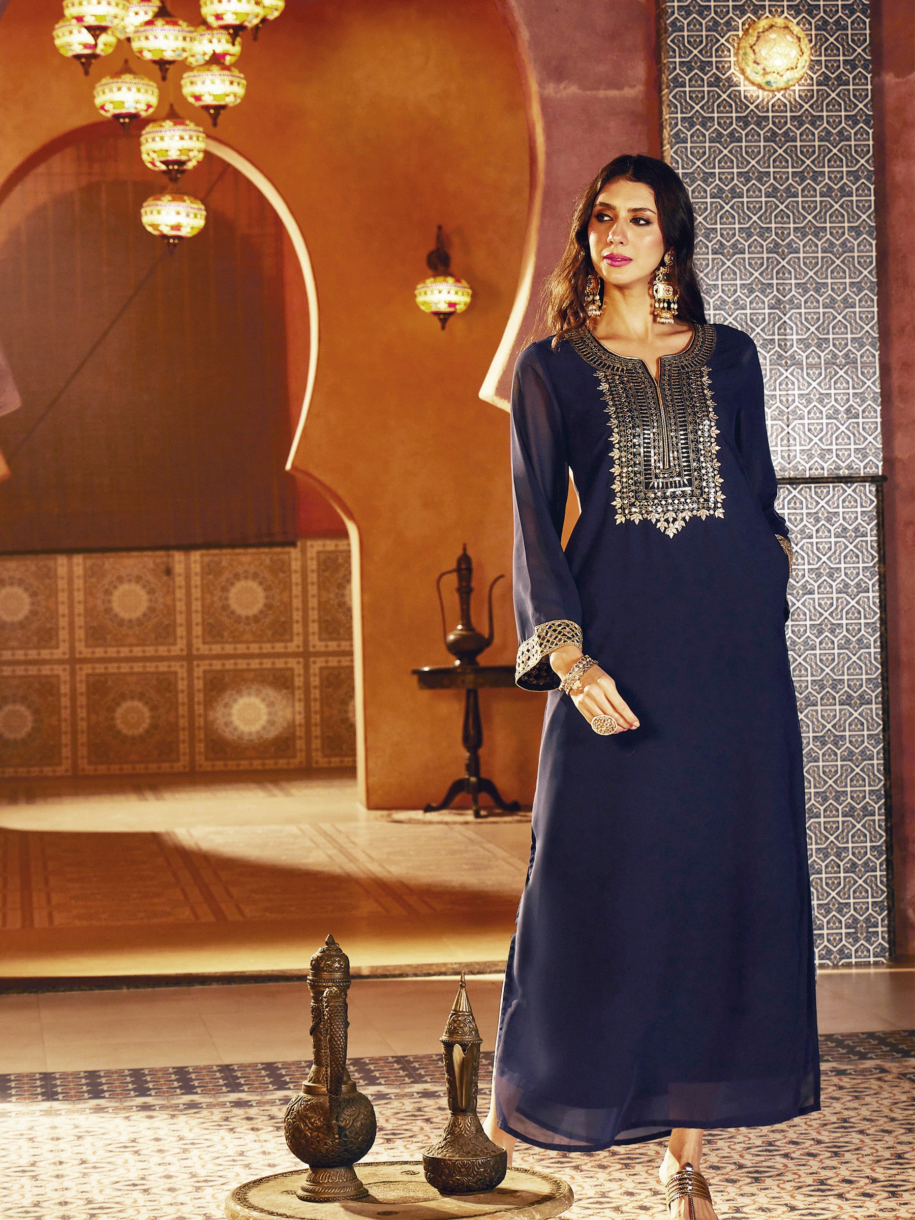Women Navy Embroidered Neck Abaya Dress