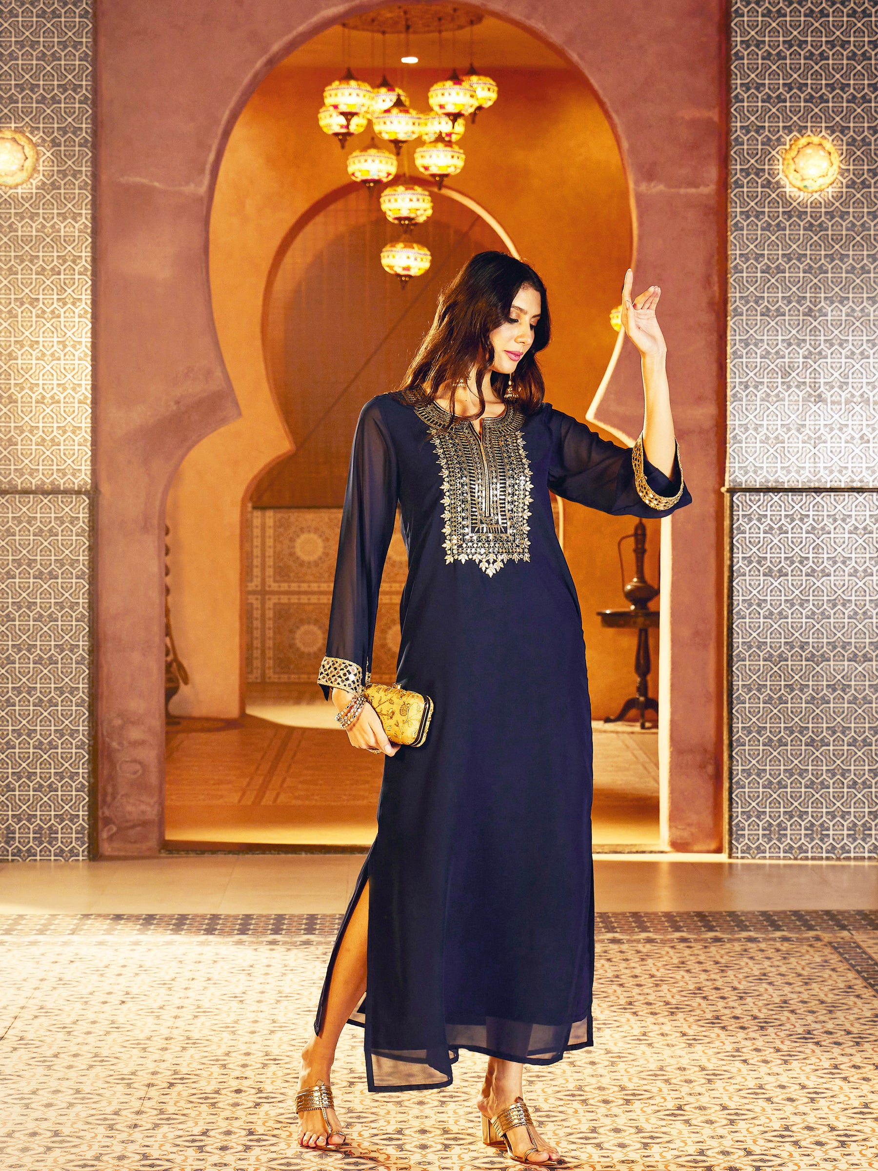 Women Navy Embroidered Neck Abaya Dress