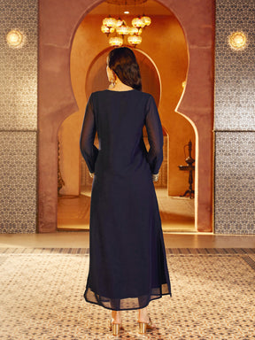 Women Navy Embroidered Neck Abaya Dress