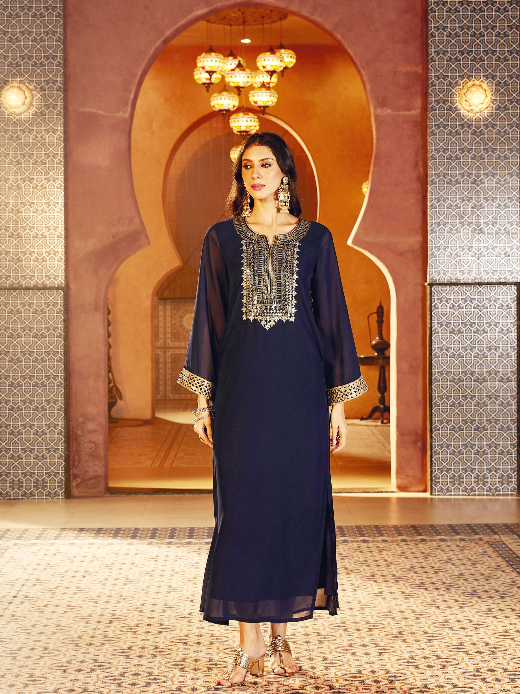 Women Navy Embroidered Neck Abaya Dress