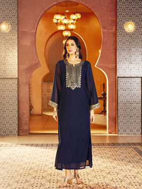 Women Navy Embroidered Neck Abaya Dress
