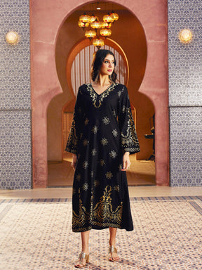 Black Foil Print V-Neck Abaya Dress-Shae By SASSAFRAS 