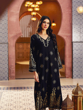 Black Foil Print V-Neck Abaya Dress-Shae By SASSAFRAS 